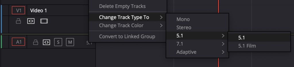 Screenshot Resolve Change track to 5.1