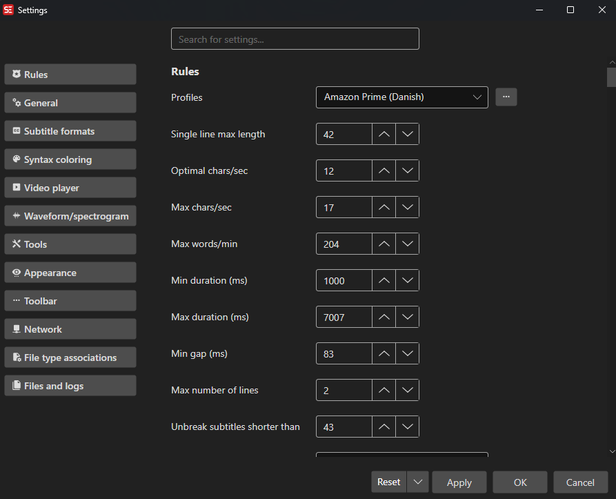 Amazon Prime subtitle specification (Danish)